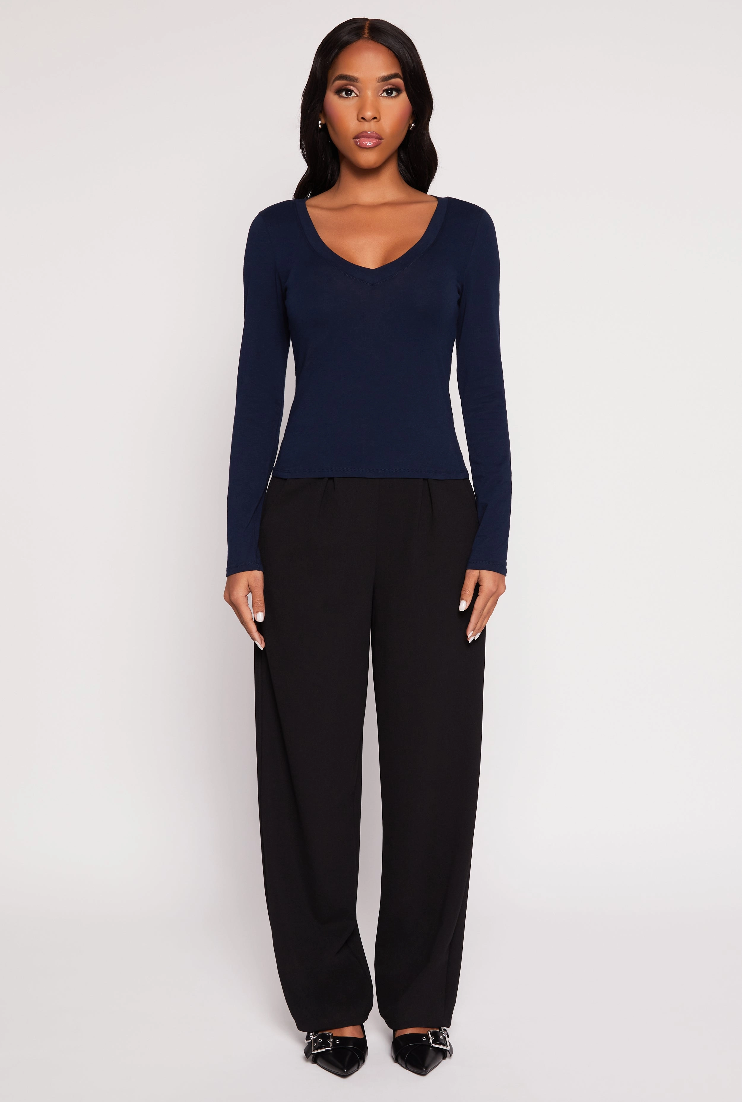 Basic Long Sleeve V Neck Top