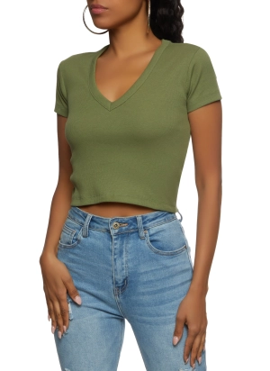 Basic V Neck Cropped T Shirt