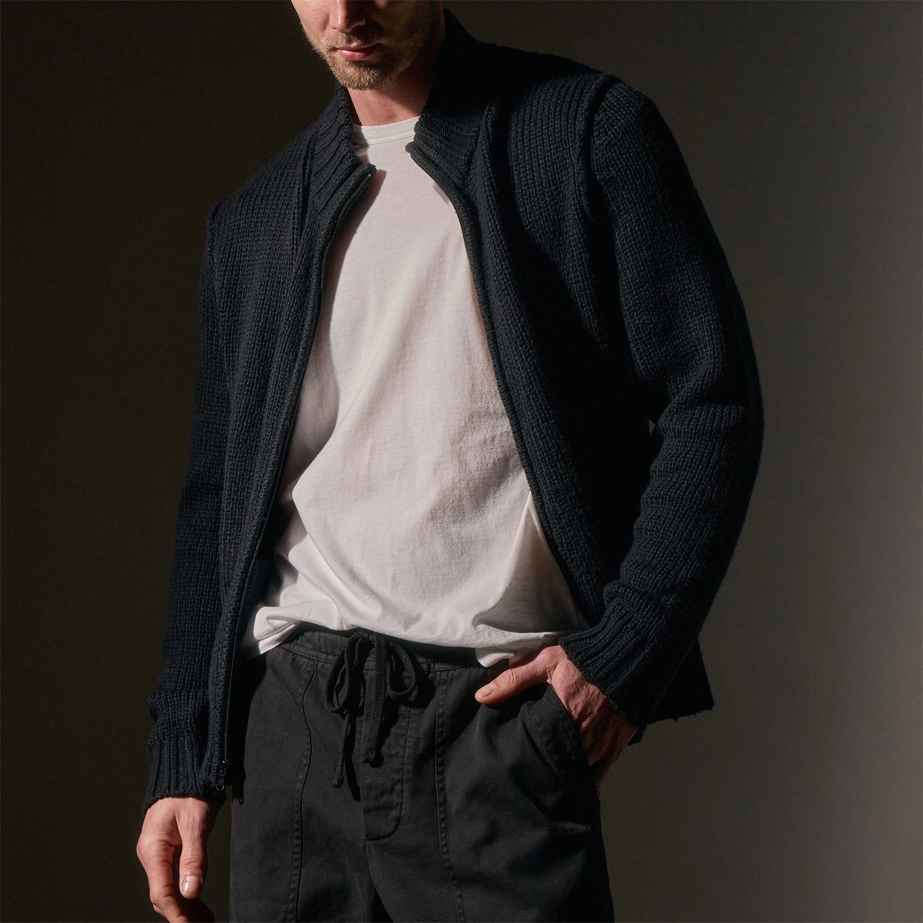 Cotton Knit Zip Up Sweater - Black