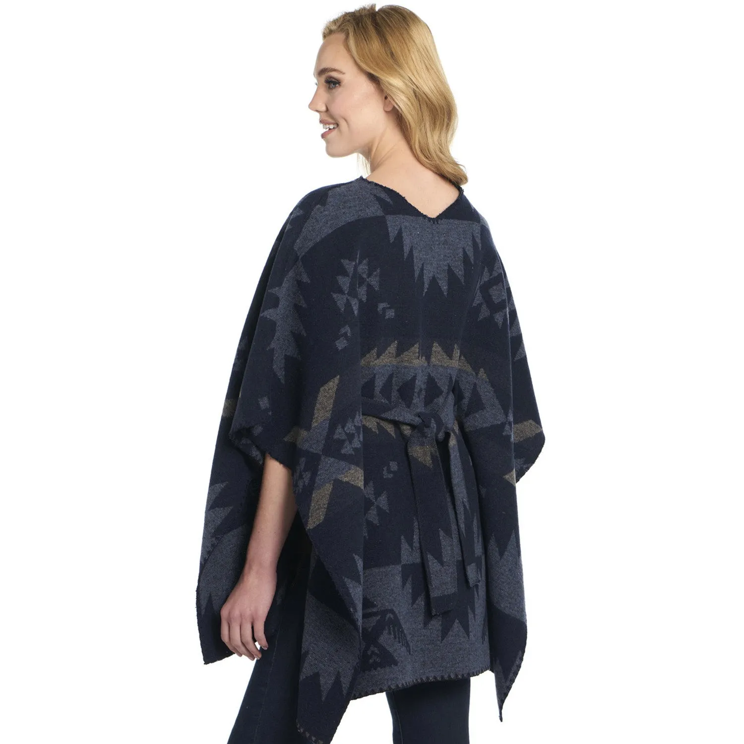 Cripple Creek Womens Tie Back Navajo Blanket Blue Herron 100% Polyester Poncho L