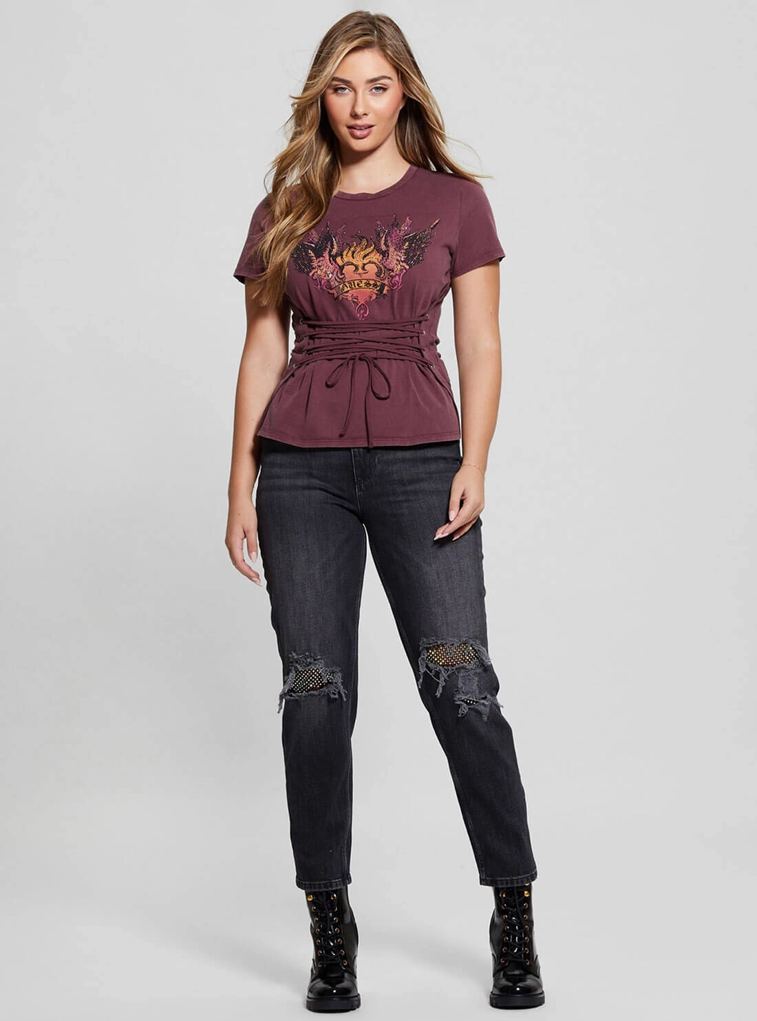 Dark Purple Heart Aflame Graphic Lace-up T-Shirt