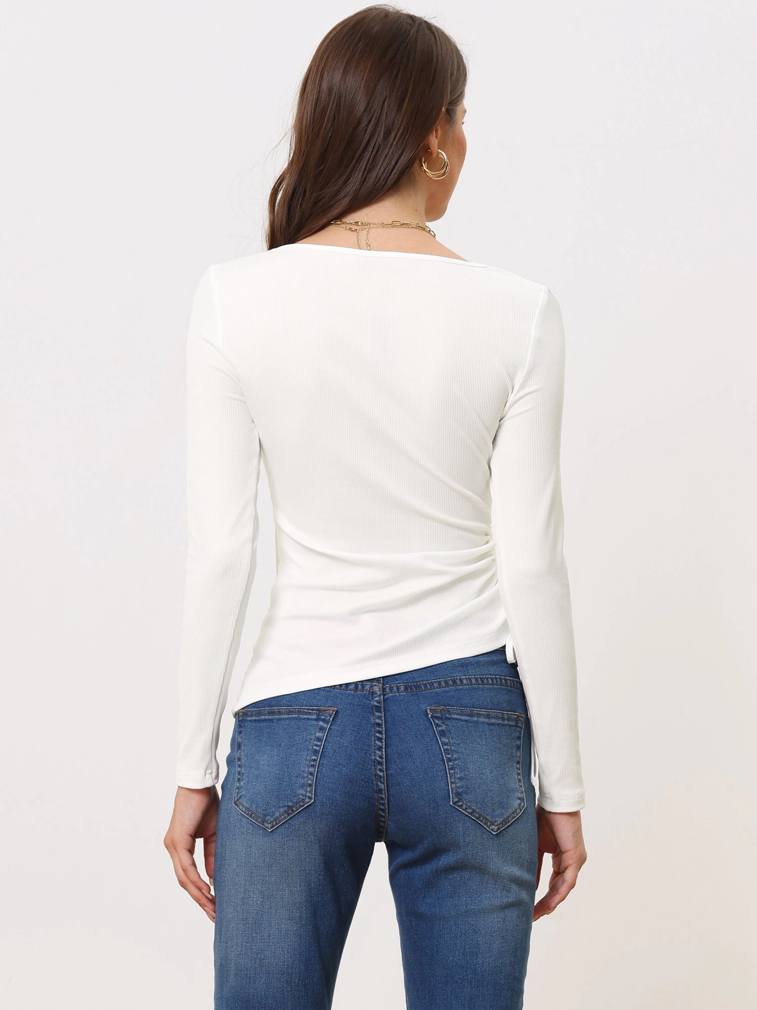 Drawstring Ruched Round Neck Long Sleeve Irregular Hem Basic T-shirt