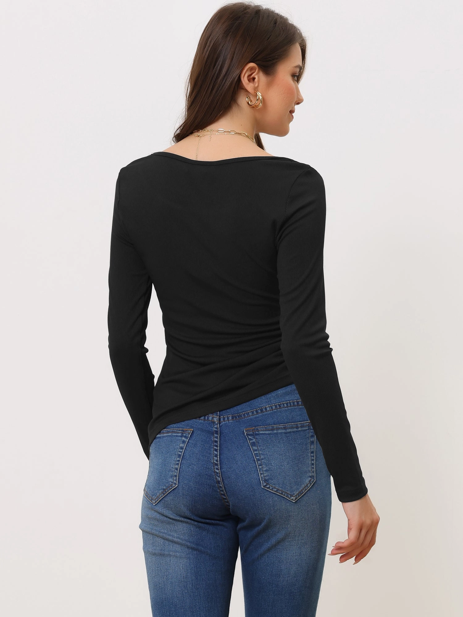 Drawstring Ruched Round Neck Long Sleeve Irregular Hem Basic T-shirt