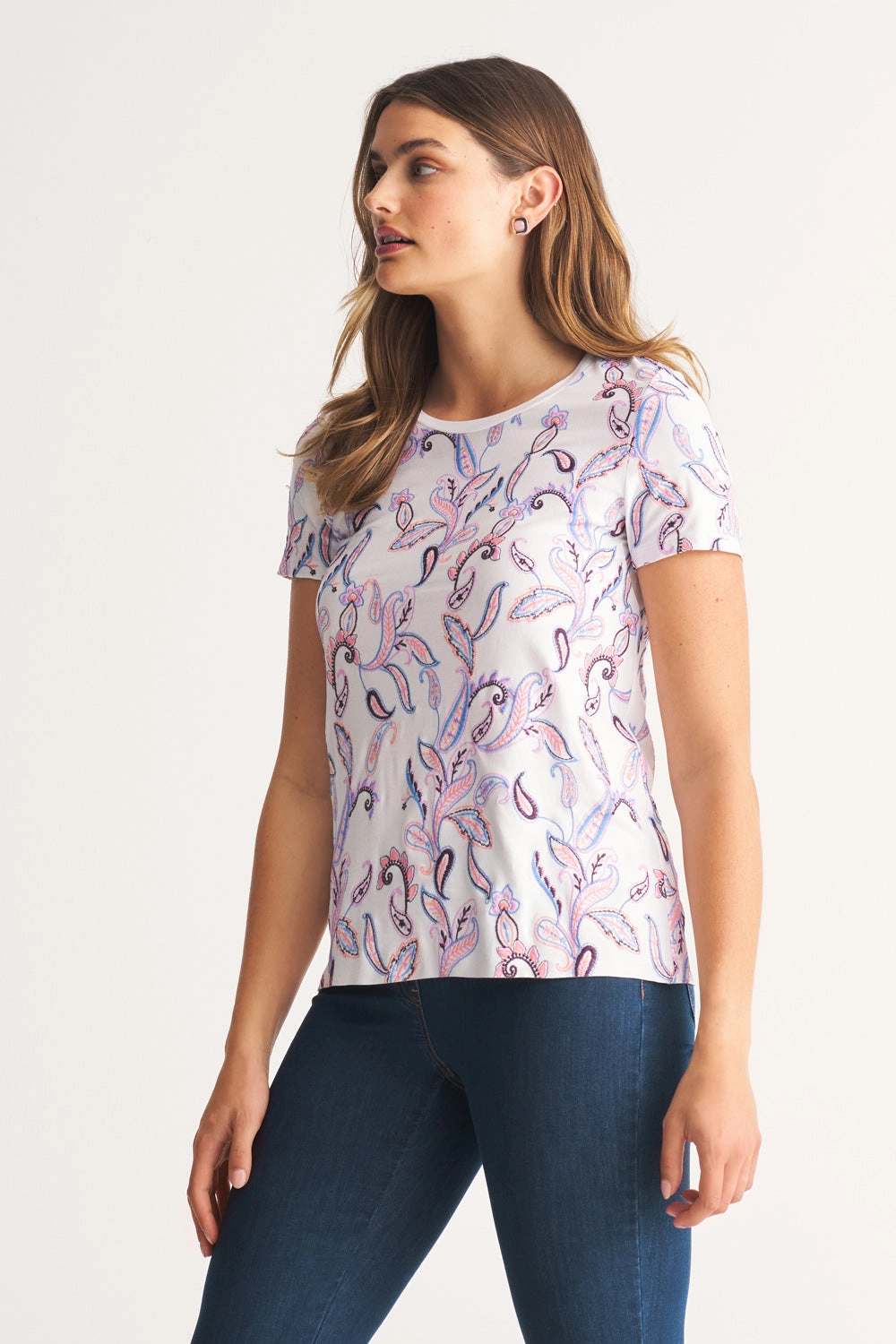 Embroidered Scoop Neck T-Shirt - Embroidered Paisley