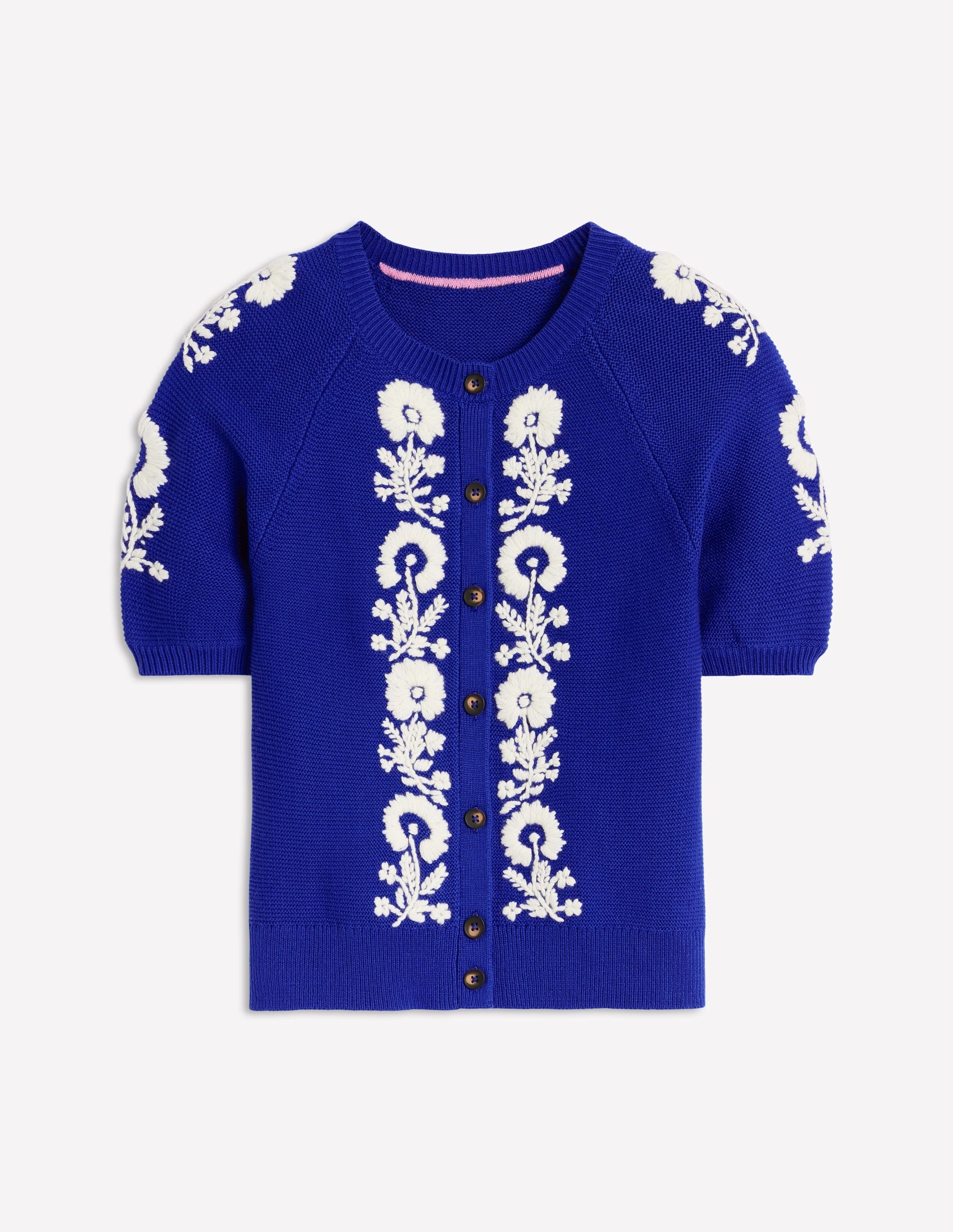 Embroidered T-Shirt Cardigan-Bright Blue. Flowers
