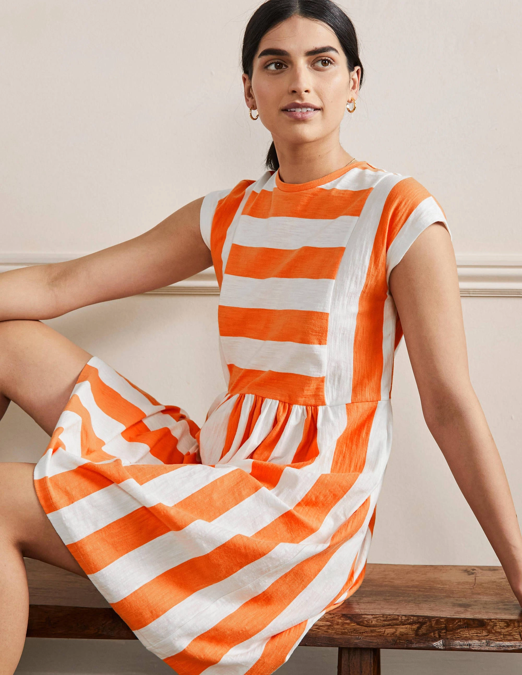 Jersey T-Shirt Dress-Dusty Orange and Ivory Stripe