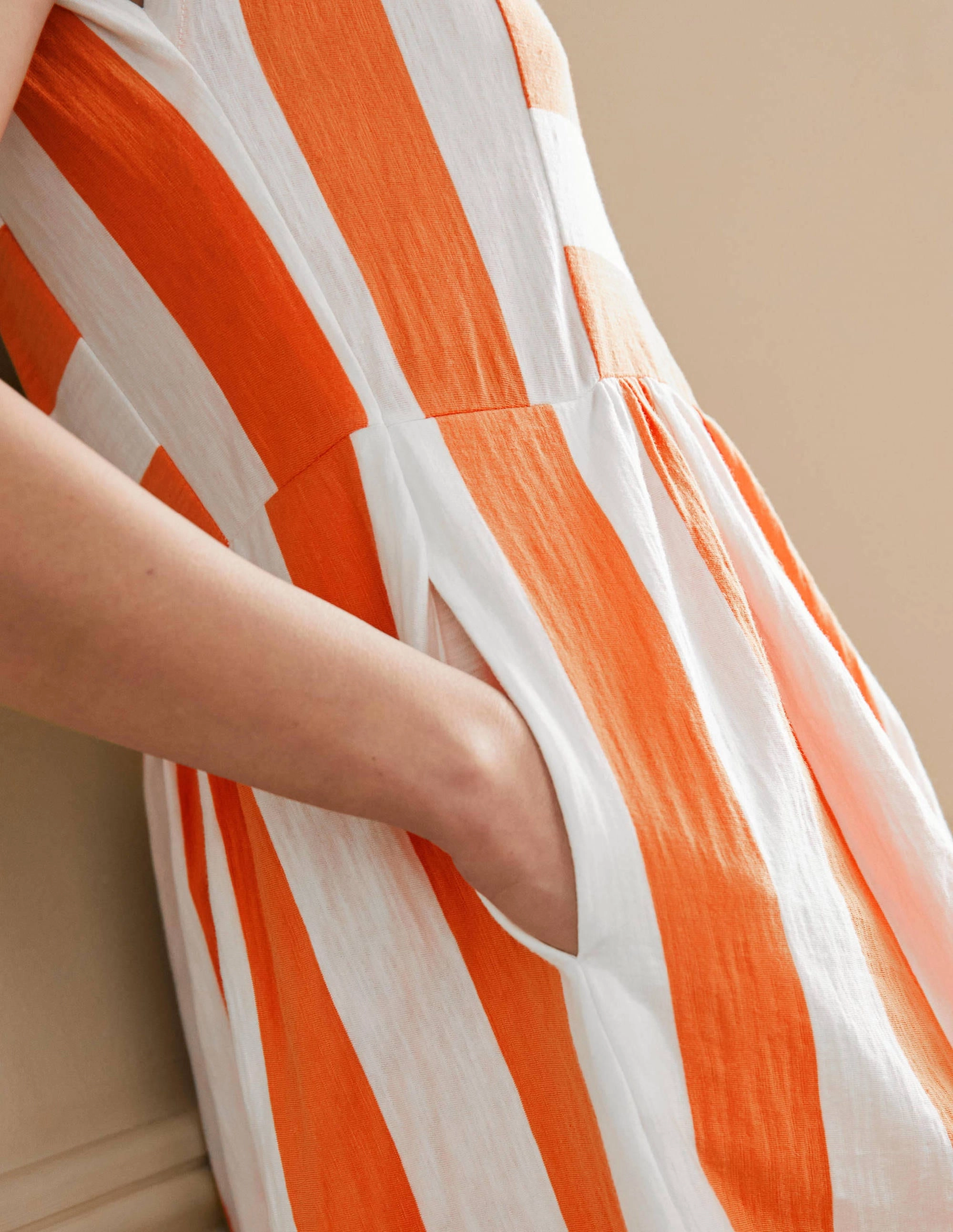 Jersey T-Shirt Dress-Dusty Orange and Ivory Stripe