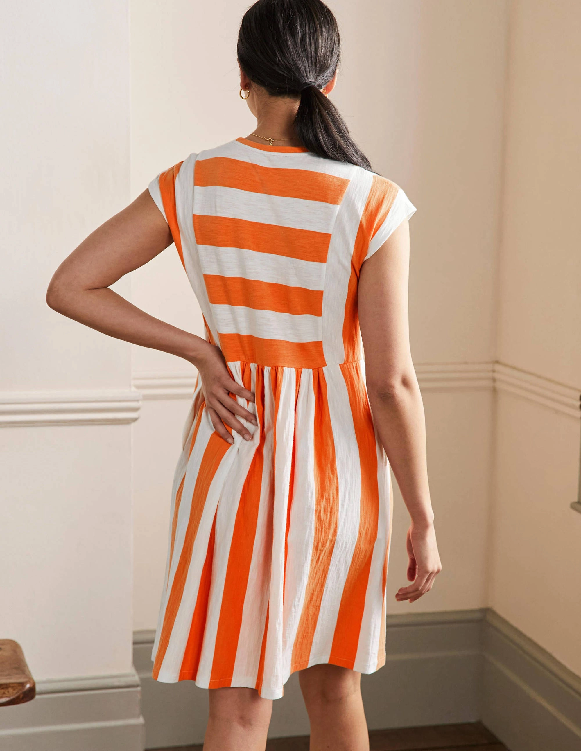 Jersey T-Shirt Dress-Dusty Orange and Ivory Stripe