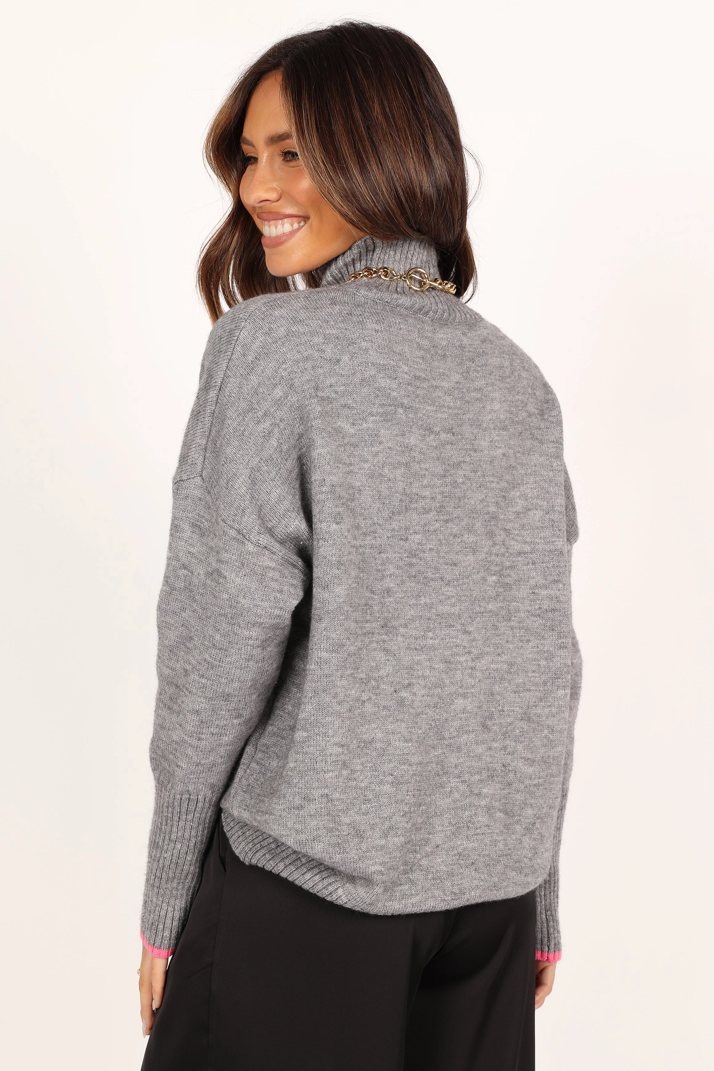 Lacey Turtleneck Contrast Sleeve Knit Sweater - Grey