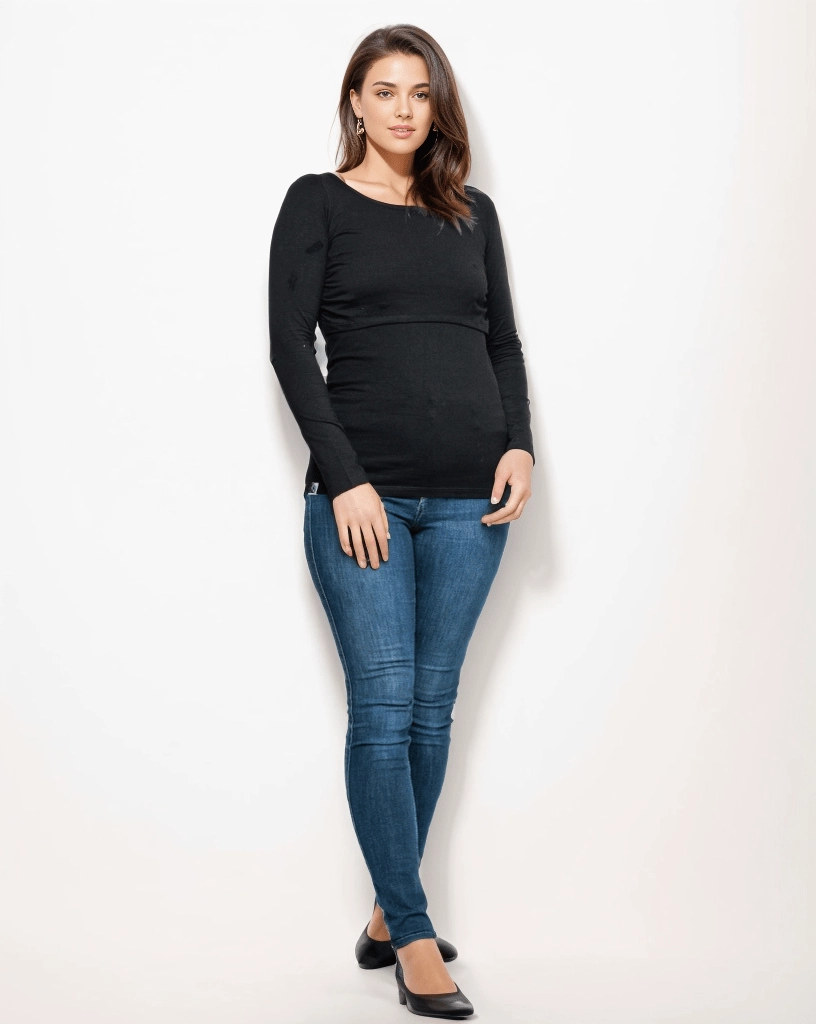 Nursing Long Sleeve Cotton T-Shirt | Black