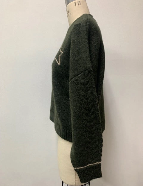 Sundry Cable Sleeve Sweater with Embroidery in Fern