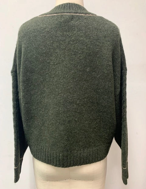 Sundry Cable Sleeve Sweater with Embroidery in Fern