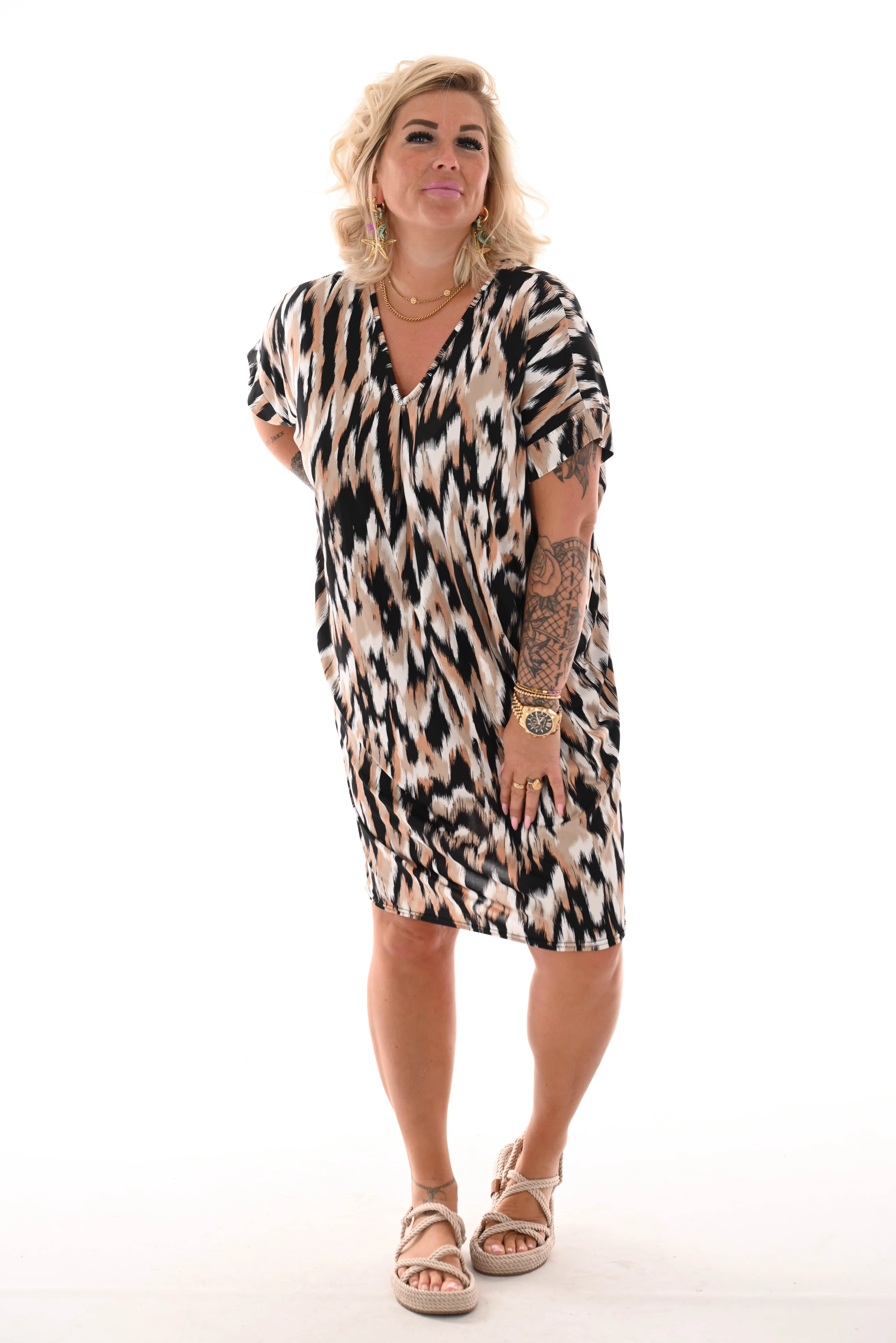 Tuniek v-rug brushed beige/zwart