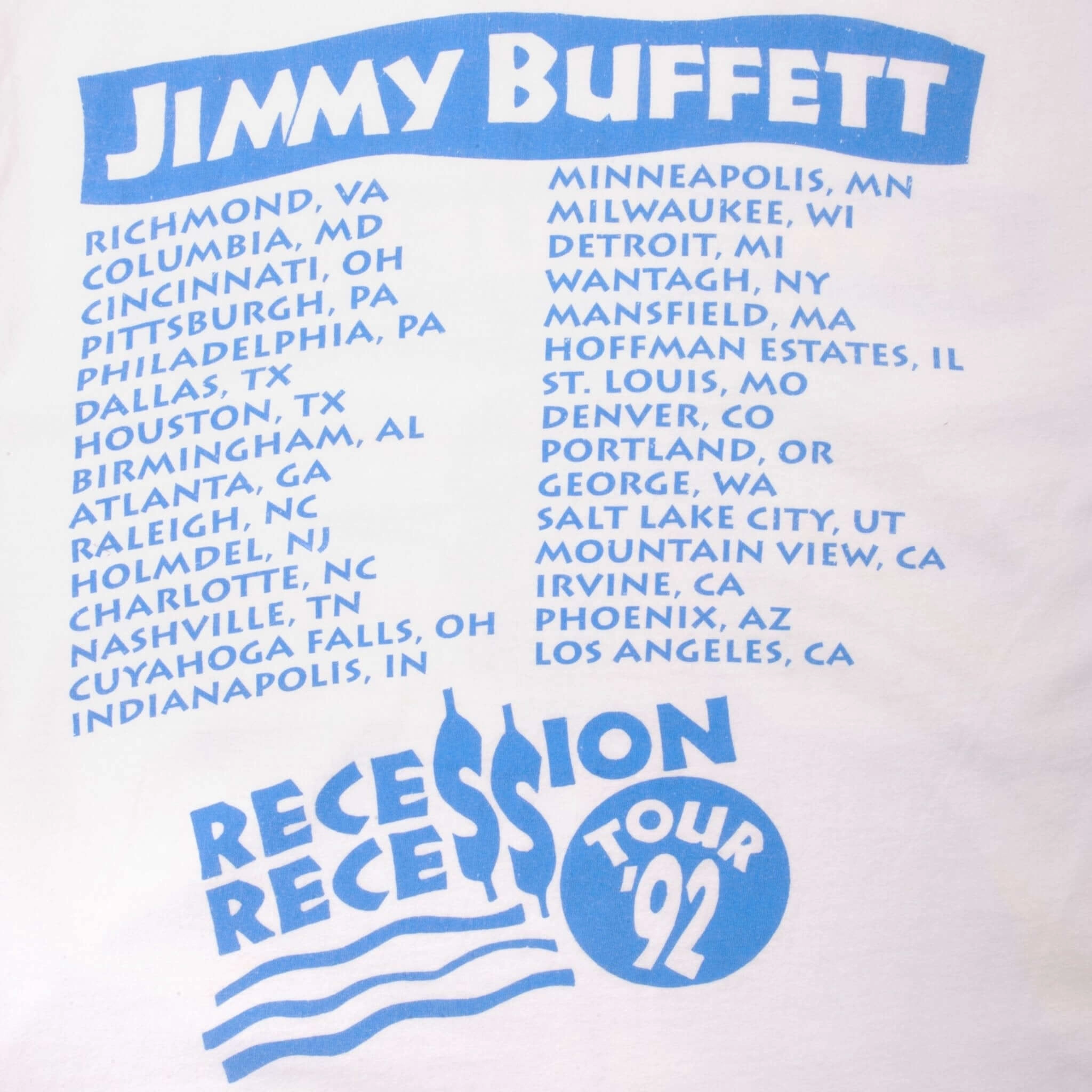VINTAGE JIMMY BUFFETT RECESSION TOUR 1992 TEE SHIRT SIZE MEDIUM MADE IN USA