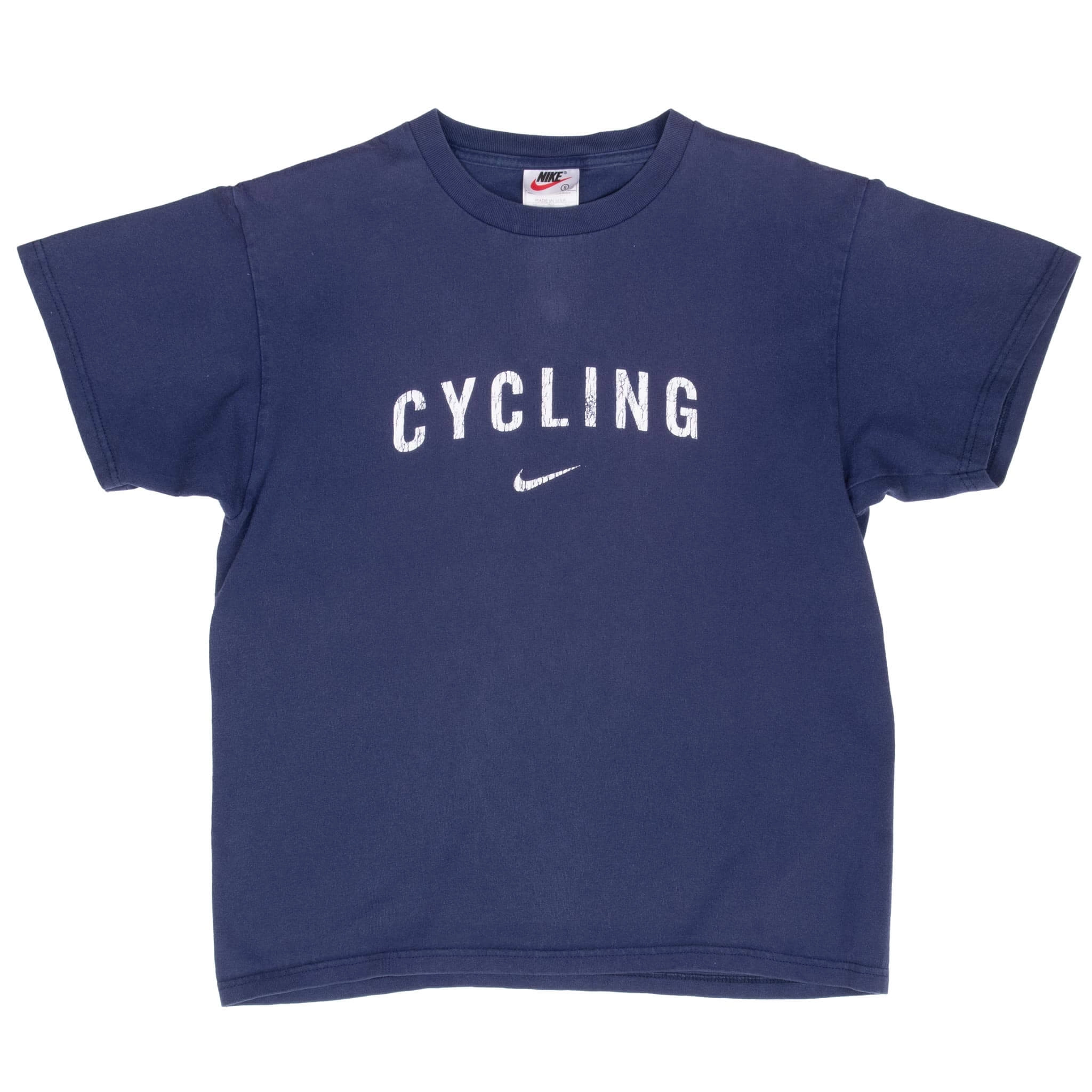 VINTAGE NIKE CYCLING BLUE SWOOSH TEE SHIRT 1990S SMALL MADE IN USA