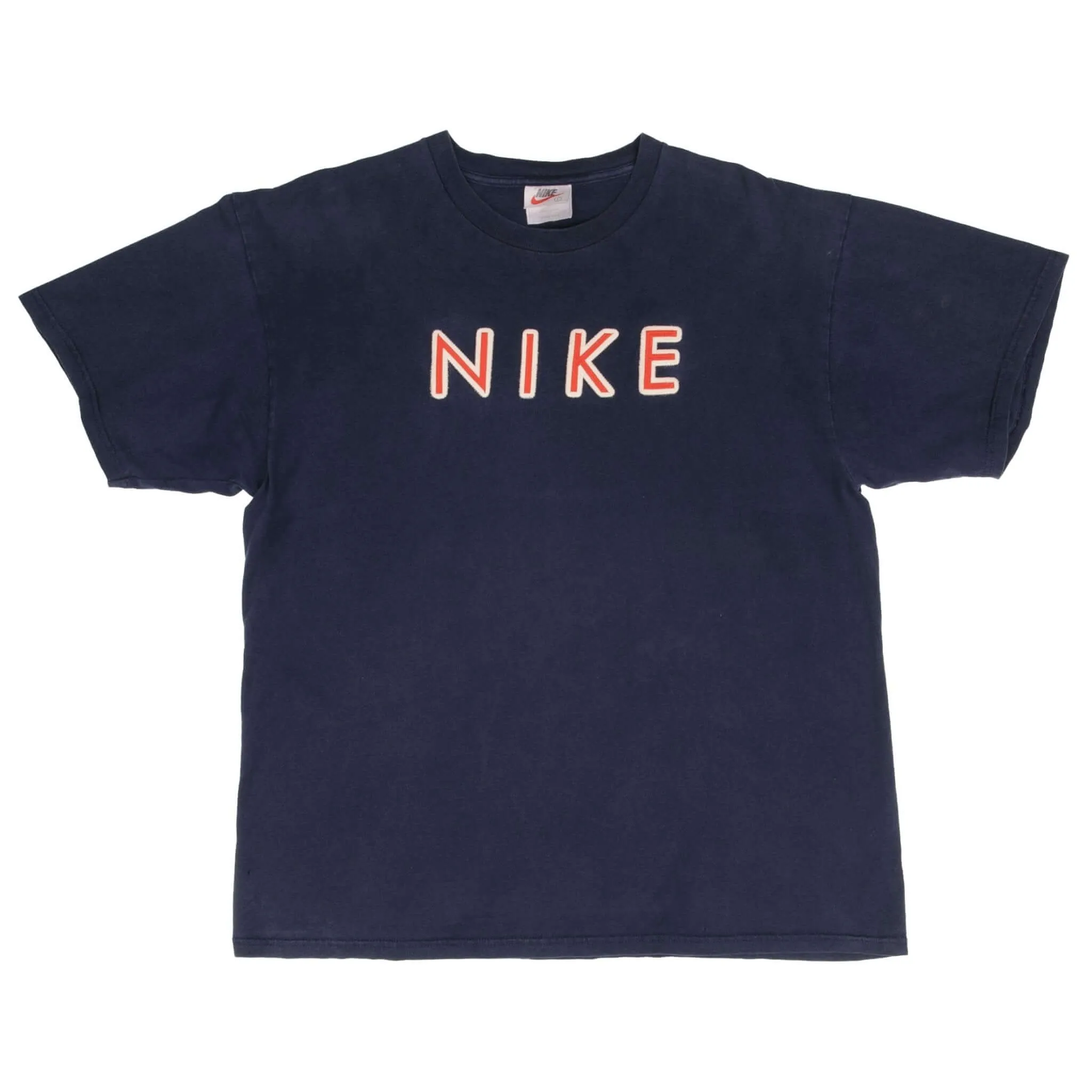 VINTAGE NIKE SPELLOUT EMBROIDERED NAVY BLUE TEE SHIRT 1990S SIZE LARGE