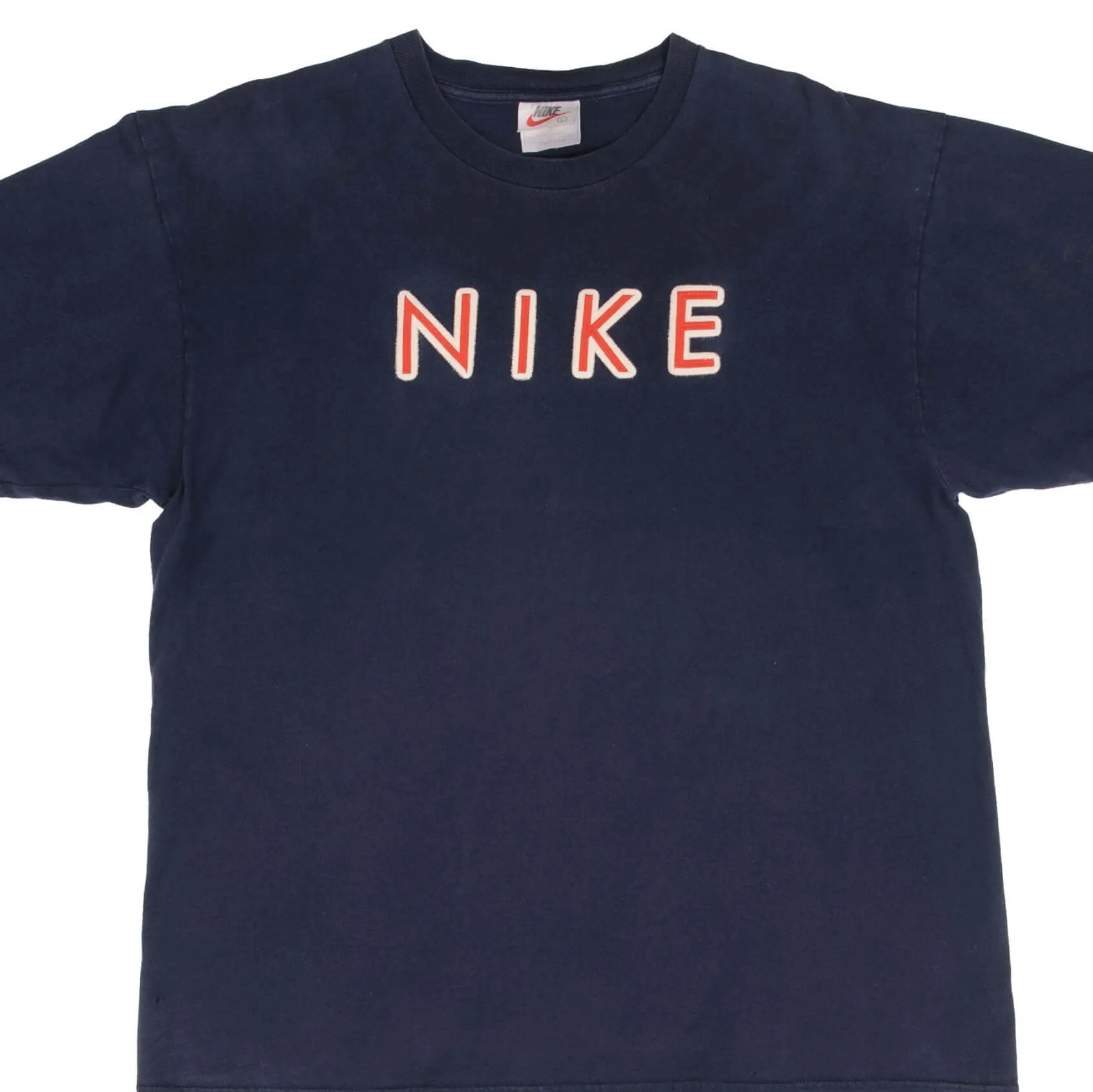 VINTAGE NIKE SPELLOUT EMBROIDERED NAVY BLUE TEE SHIRT 1990S SIZE LARGE