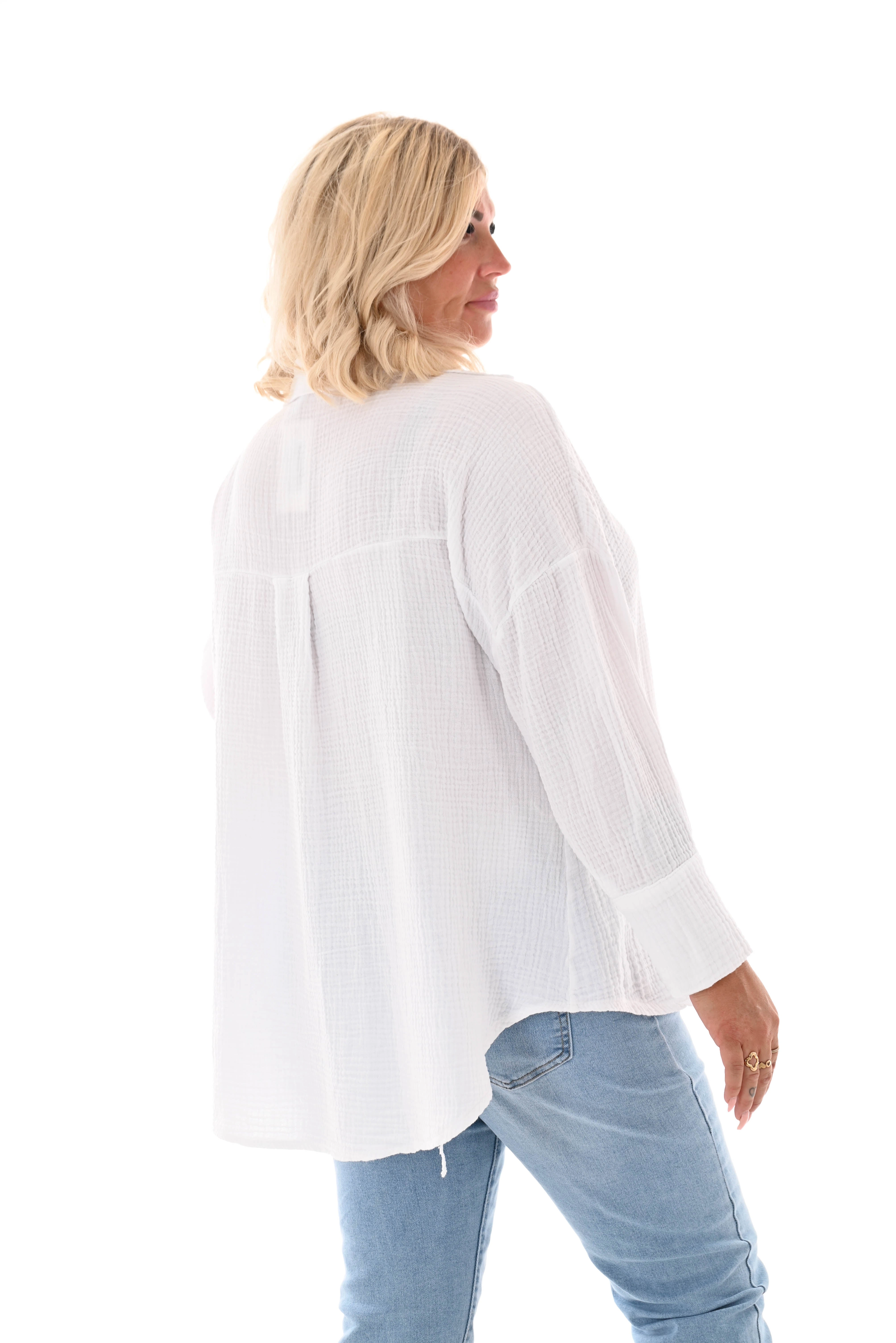 Wafel blouse v-hals applicatie wit