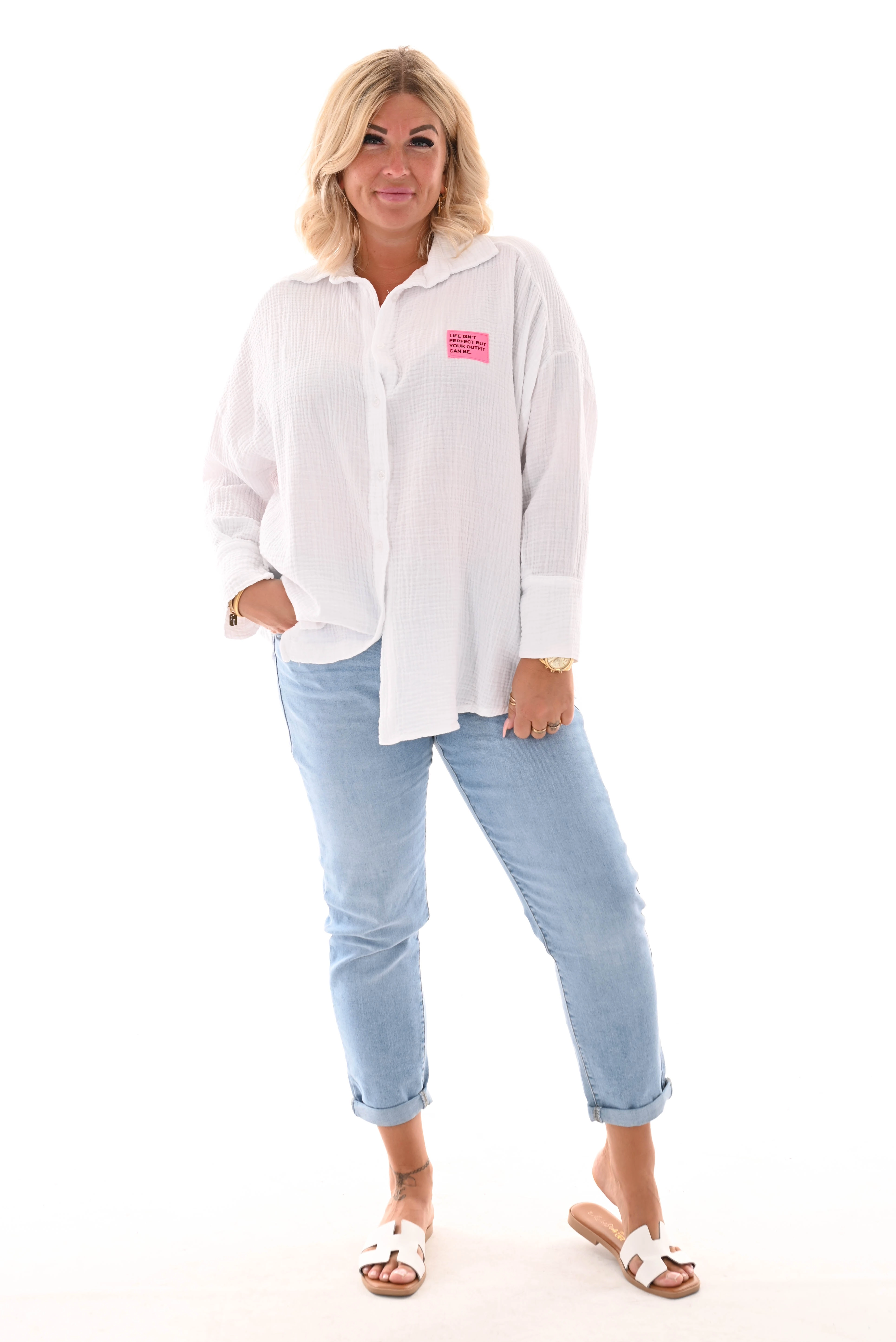 Wafel blouse v-hals applicatie wit