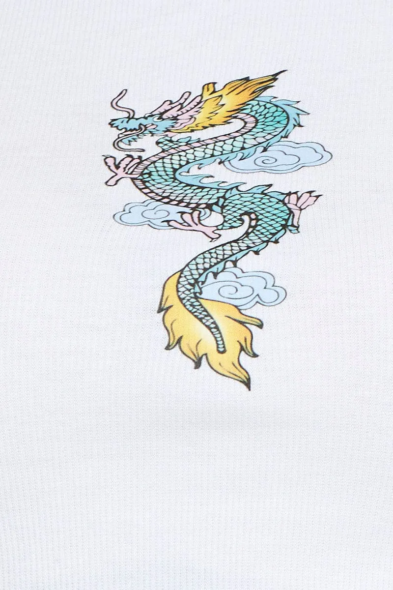 White Graphic Top Short Sleeve Ribbed